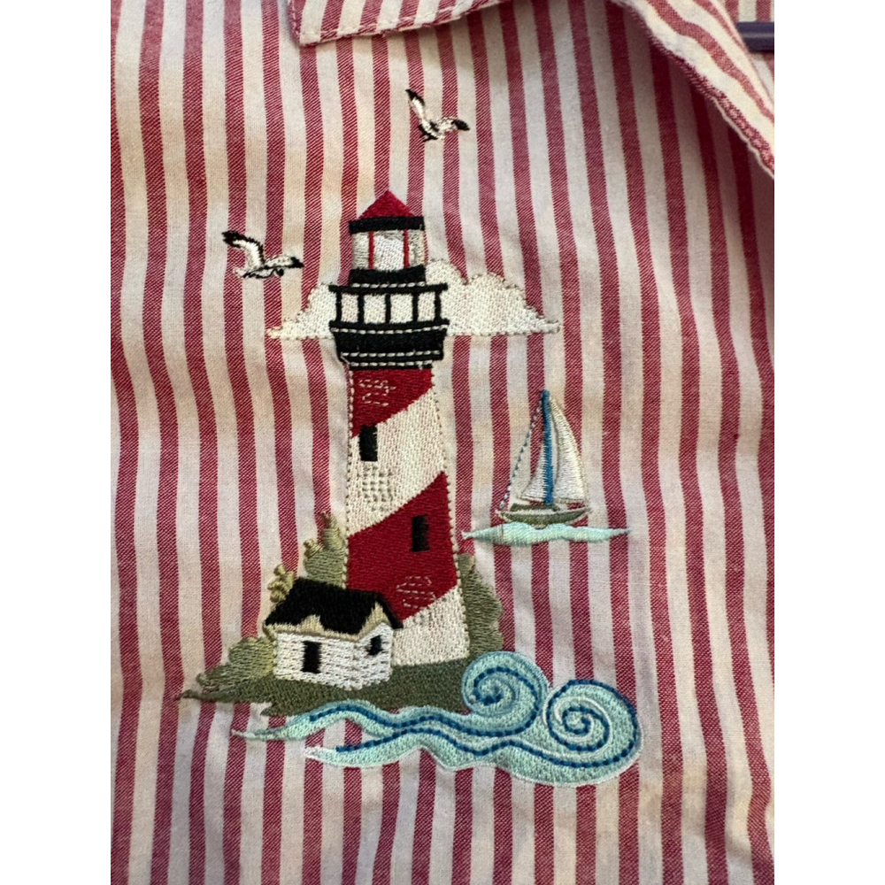 Vintage Coastal Grandma Embroidered Lighthouse Button Up Shirt Nautical Stripes - Picture 5 of 8